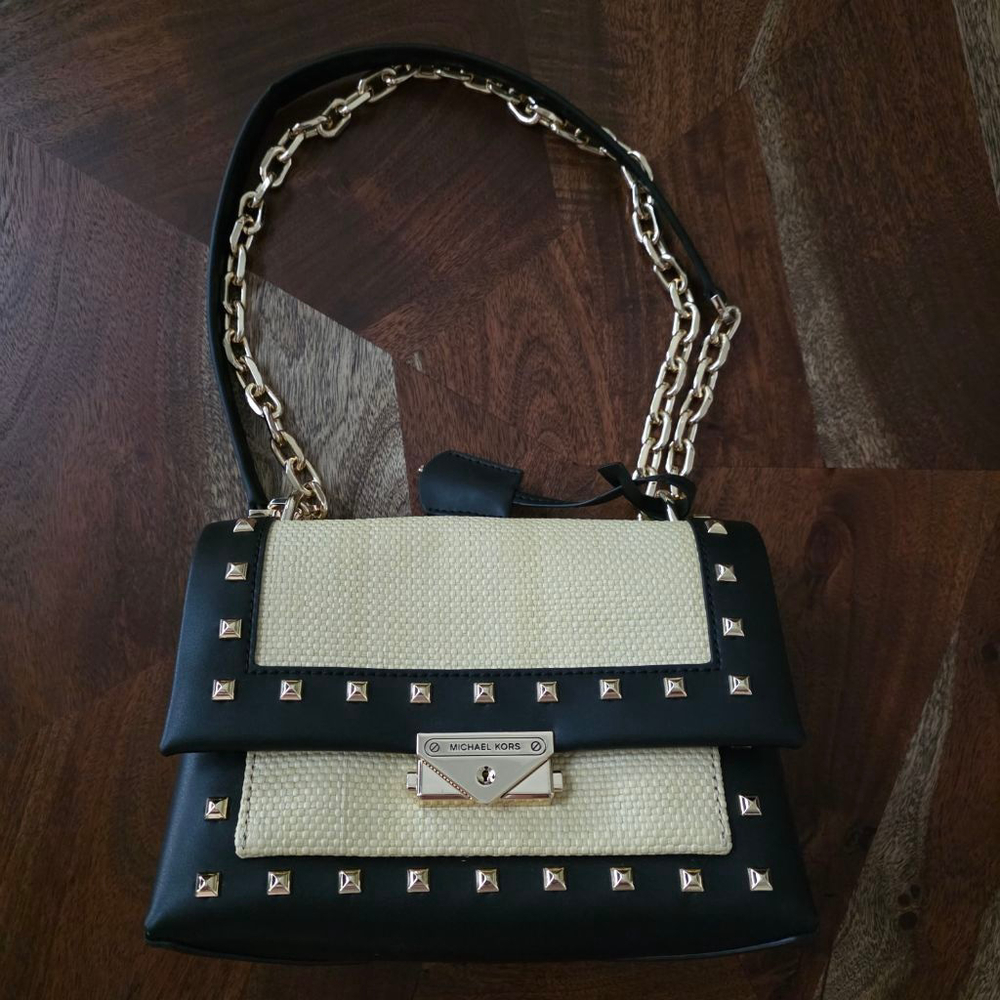 Michael Kors Studded Straw & Leather Crossbody Bag Tan/Black One Size - Picture 4 of 15